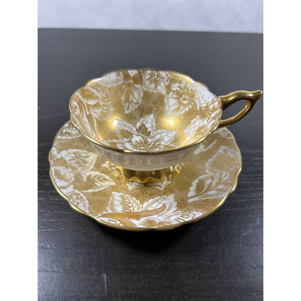 Royal Stafford Tapestry Teacup Saucer Set Gold Floral Chintz Bone China England